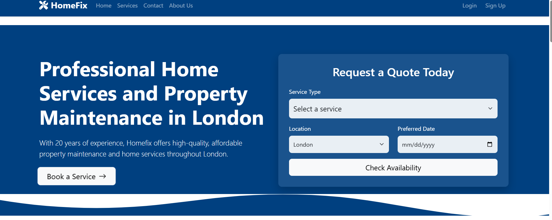 Hero section of the HomeFix UK home services website